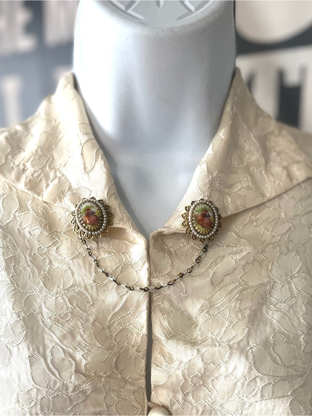 Vintage Collar/Cardigan Clips with Painted Cameo Enamel Brooches and Pearl Chain